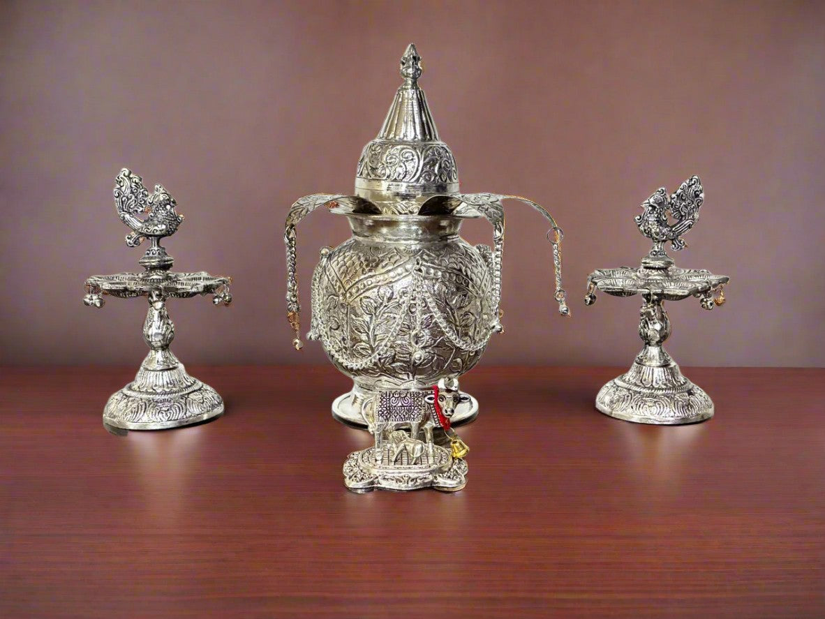 german silver antique finish mangal kalash with 2 peacock diya set