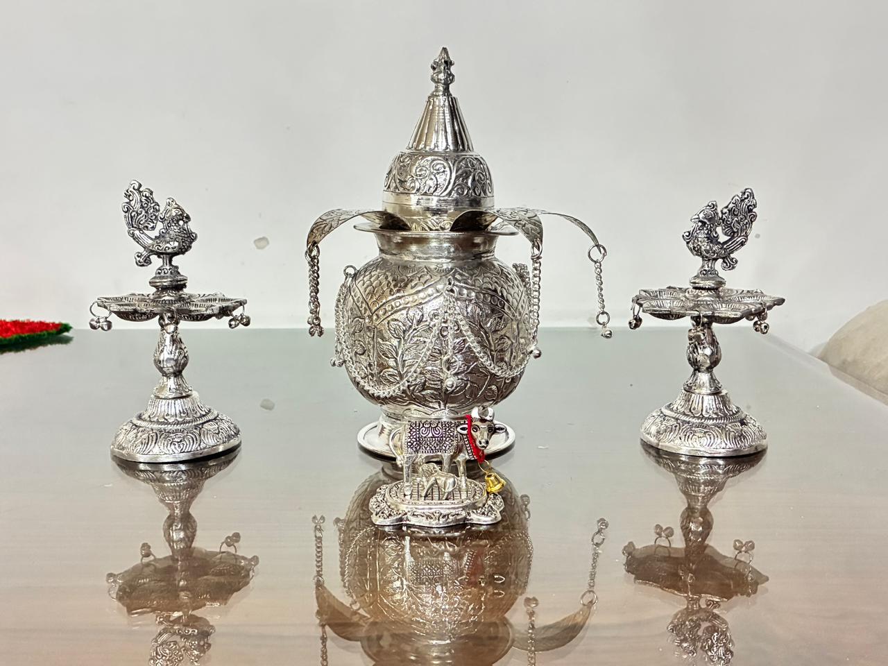 german silver antique finish mangal kalash with 2 peacock diya set