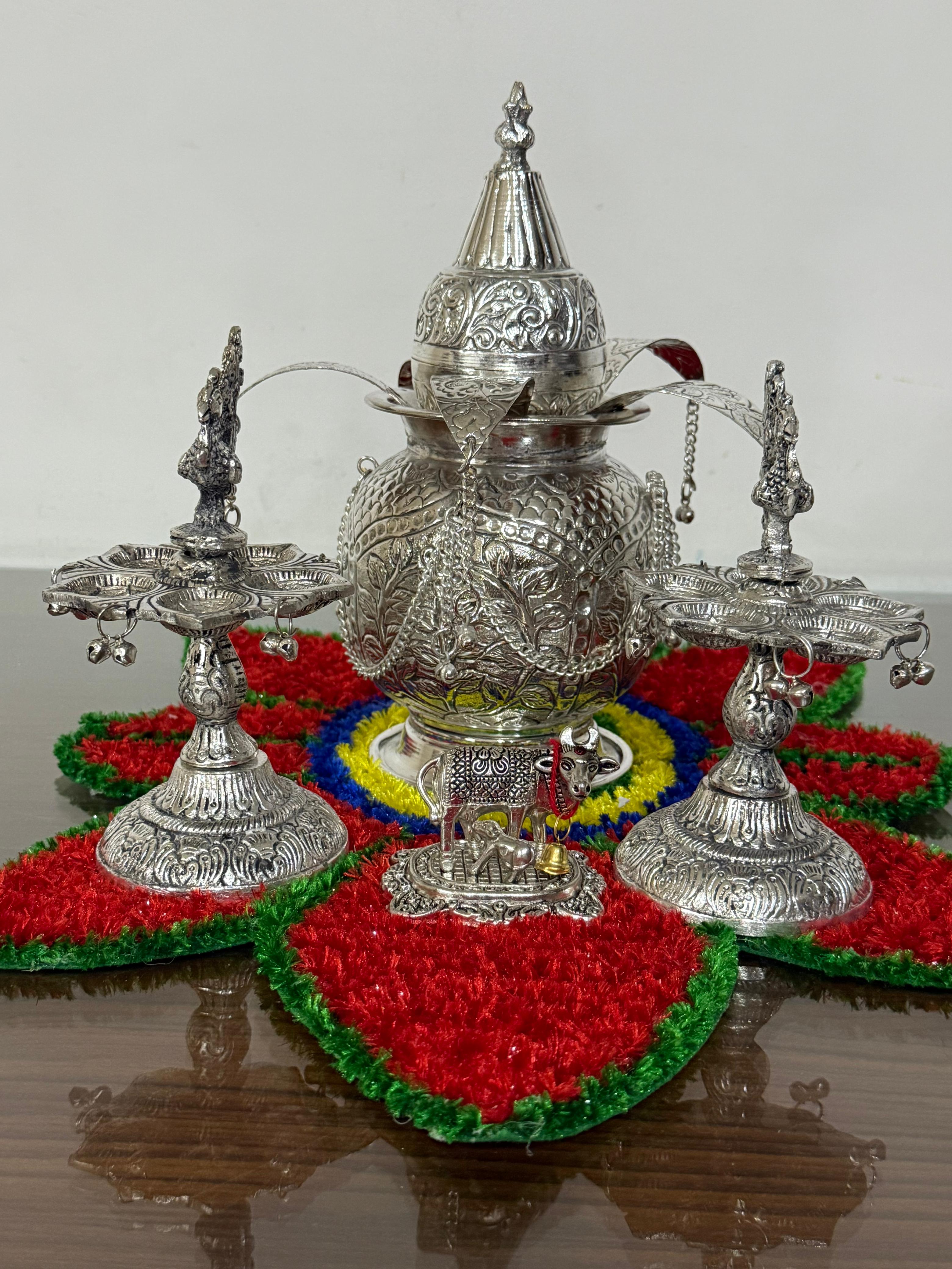 german silver antique finish mangal kalash with 2 peacock diya set
