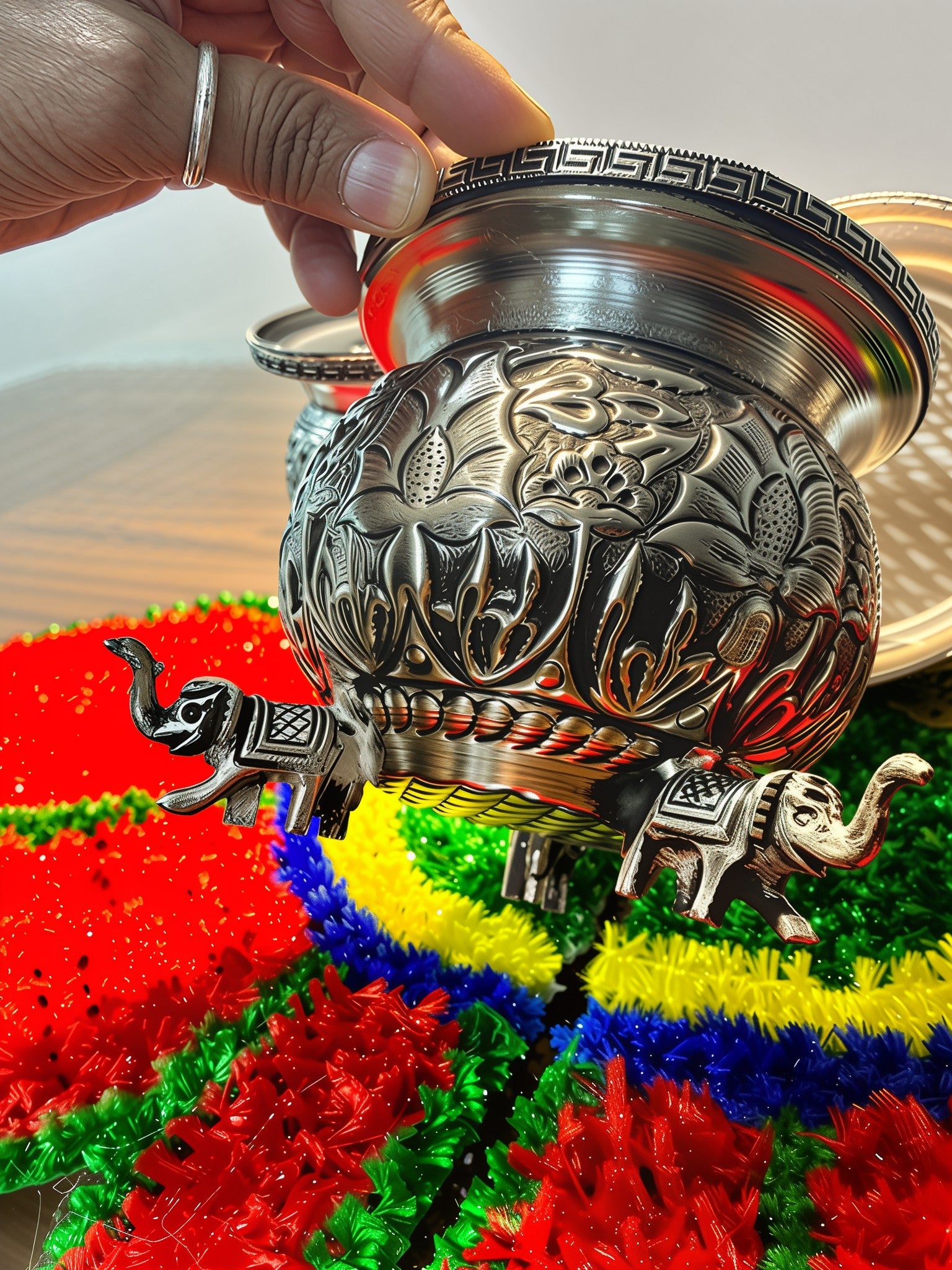 german silver fully carved big size elephant legs bowl set