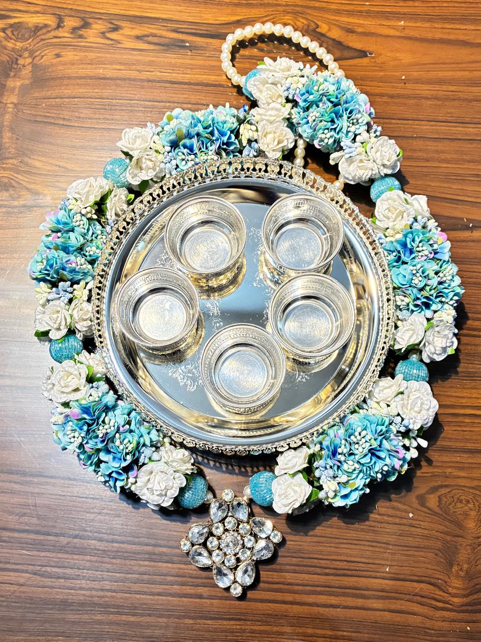 german silver tray with 5 bowls set with mala/ garland bog size for diwali pooja/ snacks / gift item