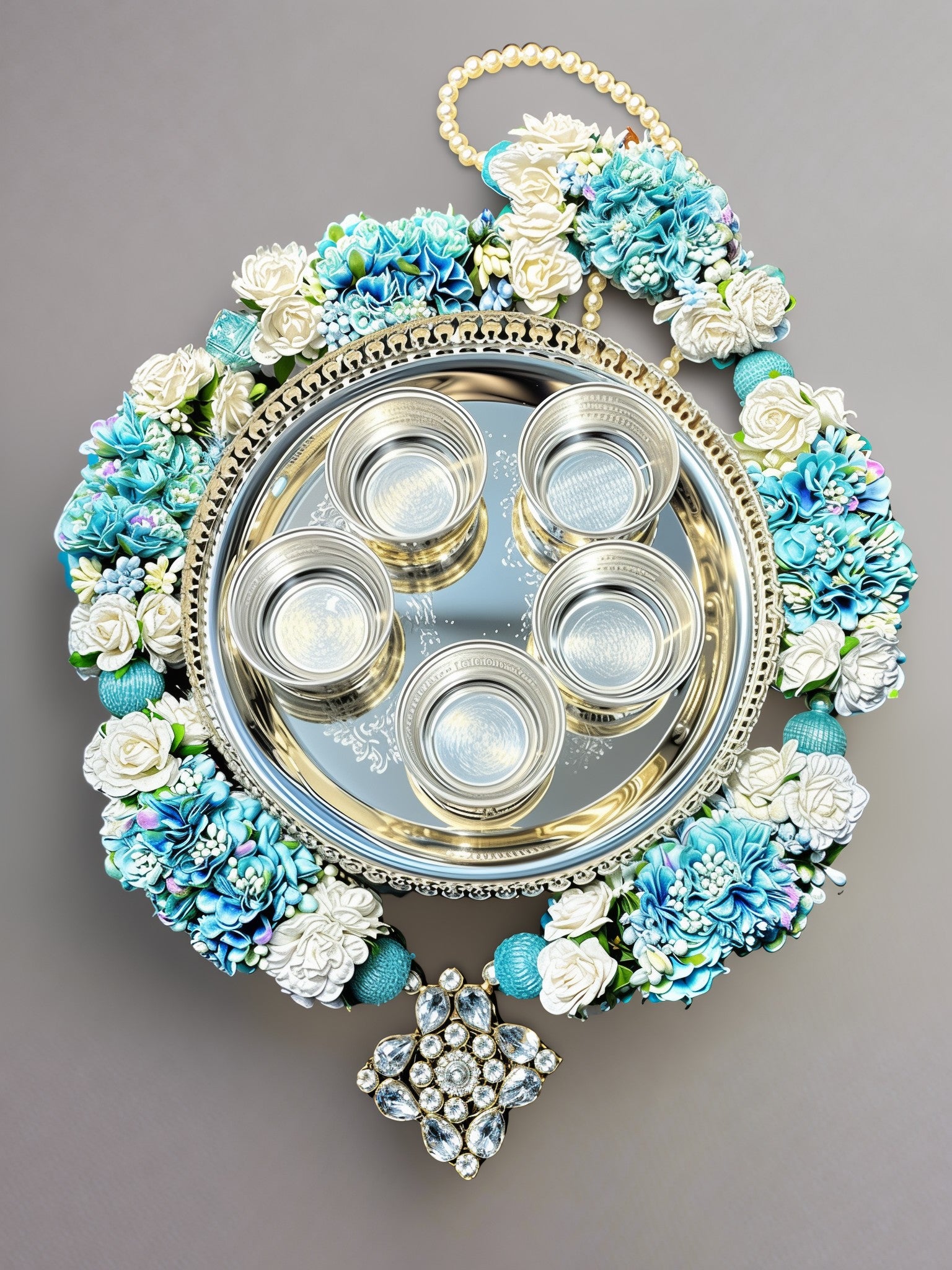 german silver tray with 5 bowls set with mala/ garland bog size for diwali pooja/ snacks / gift item
