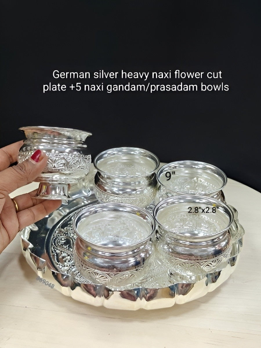 german silver flower tray with 5 bowls set for diwali pooja/ housewarming / snacks/ gift item