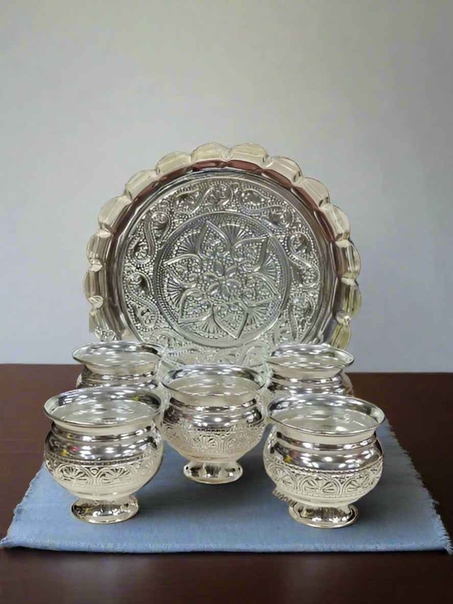 german silver flower tray with 5 bowls set for diwali pooja/ housewarming / snacks/ gift item