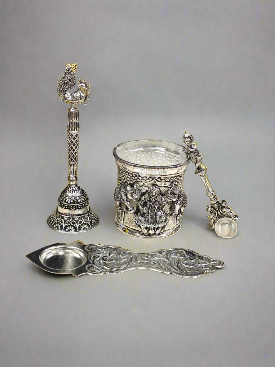 german silver antique finish panchpatra set with ekharthi and peacock bell