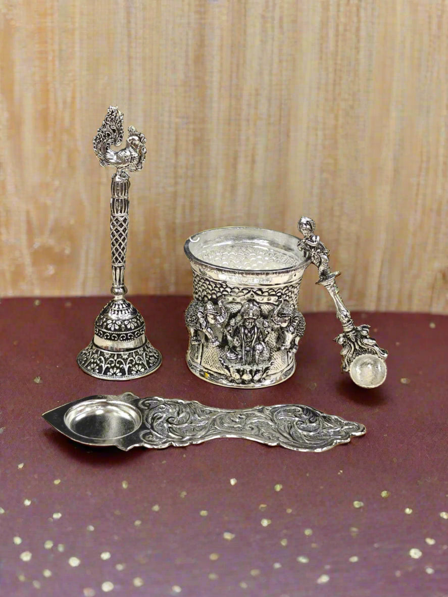 german silver antique finish panchpatra set with ekharthi and peacock bell