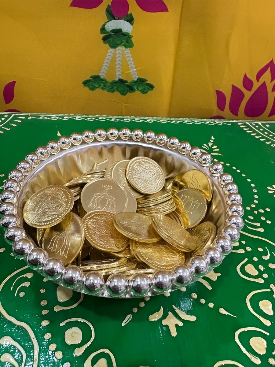 german silver lakshmi coins with bowl for diwali/ housewarming/ gift item