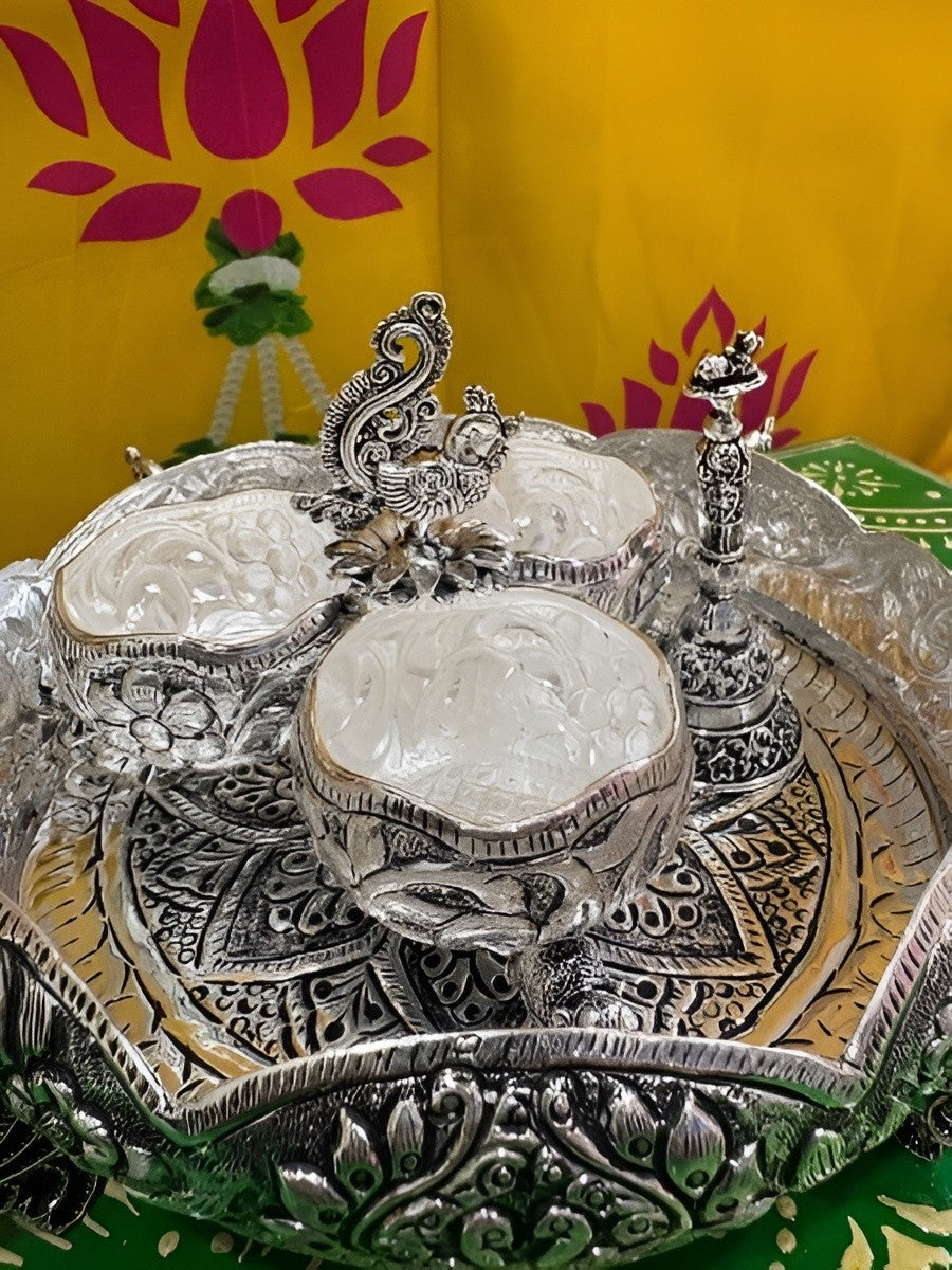 silver plated antique finish peacockl legs urli with kumkum bowl set and bell for diwali/ gift item/ housewarming pooja