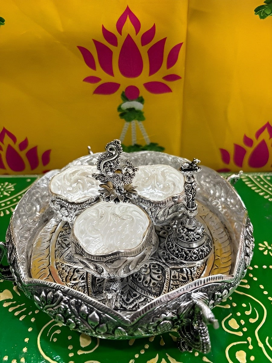 silver plated antique finish peacockl legs urli with kumkum bowl set and bell for diwali/ gift item/ housewarming pooja