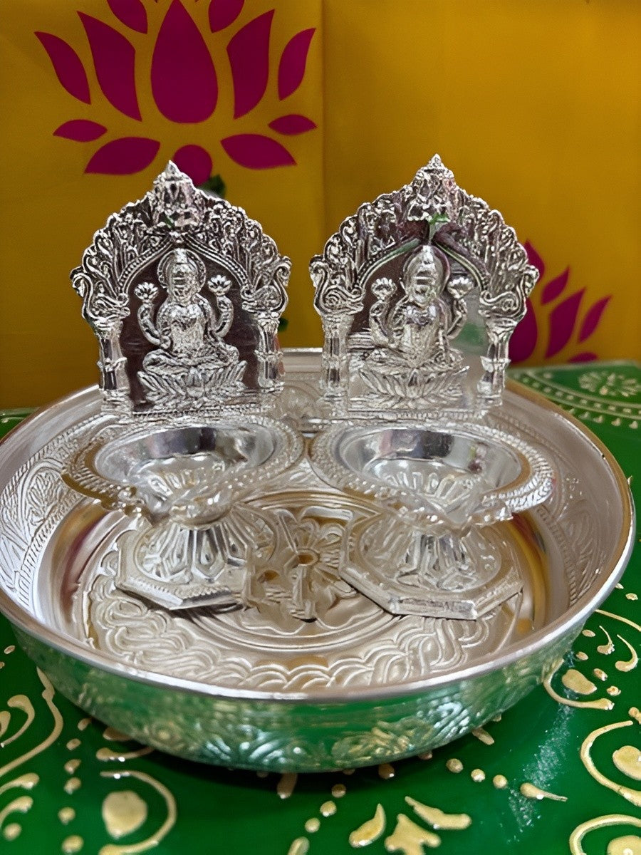german silver plate with 2 lakshmi diya for diwali pooja