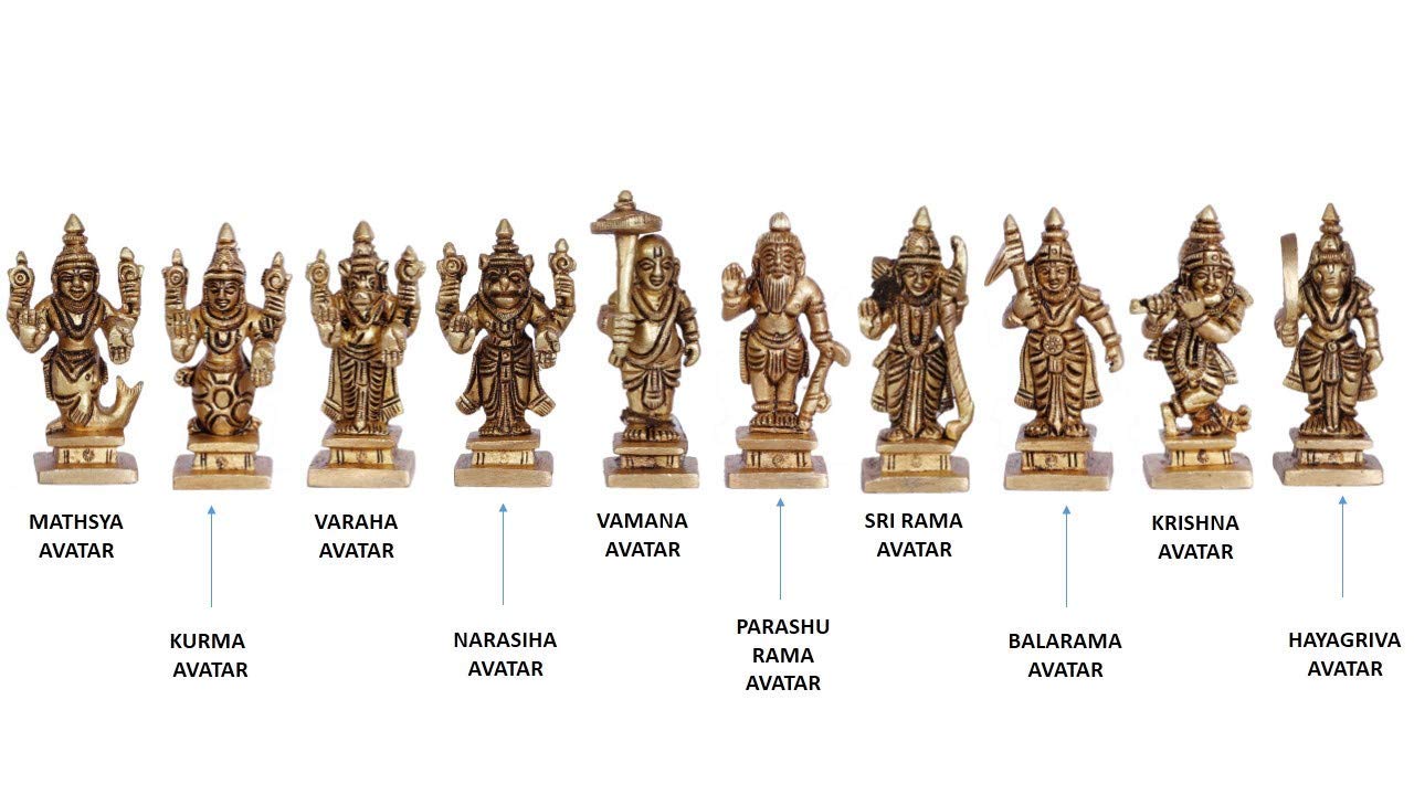 Brass Vishnu Dash Avatar Dashavatara Dasavatharam – Ten Incarnations Avtar's of Lord Vishnu, Size : 3.5"", Gold, 200922L