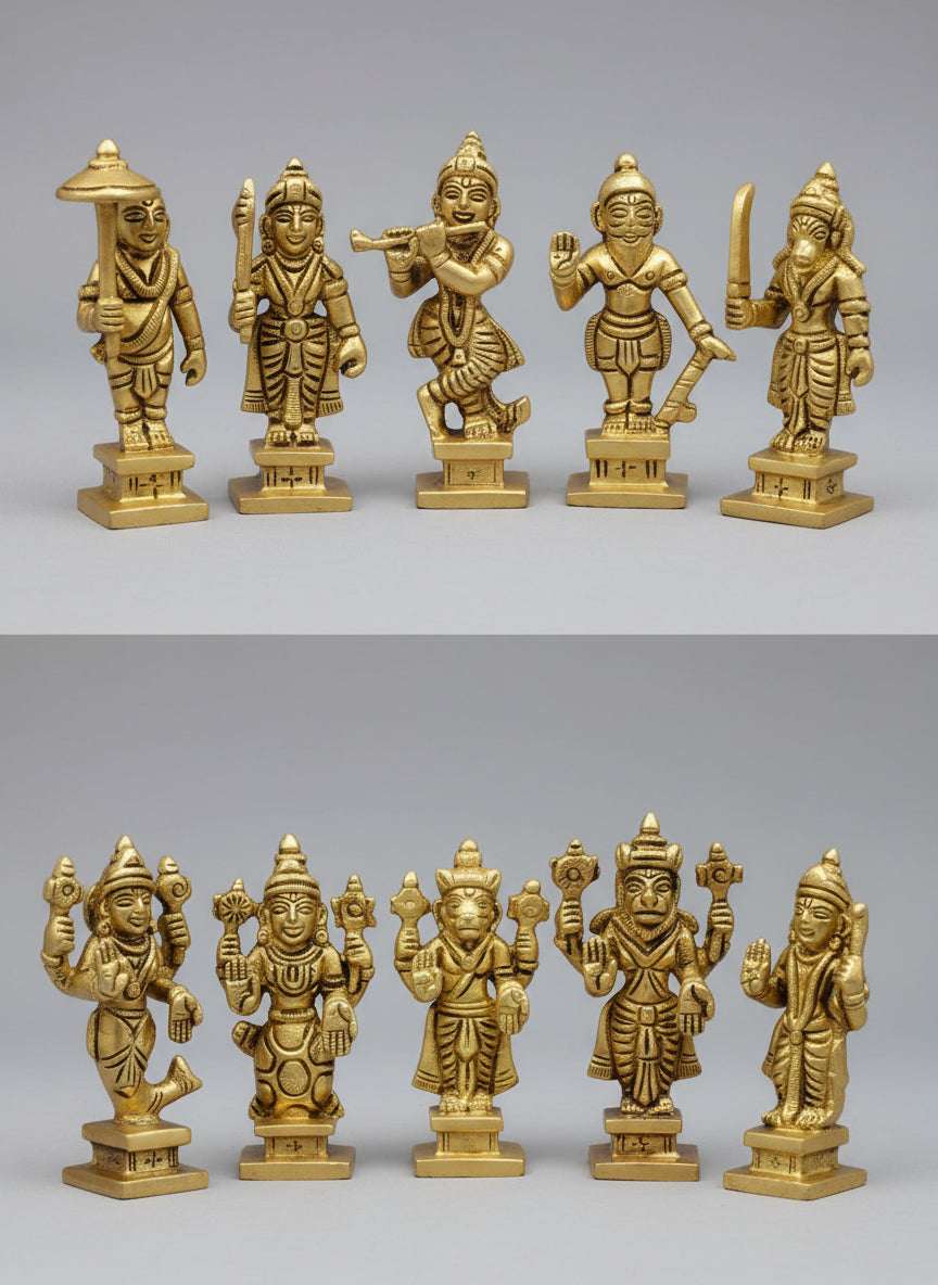 Brass Vishnu Dash Avatar Dashavatara Dasavatharam – Ten Incarnations Avtar's of Lord Vishnu, Size : 3.5"", Gold, 200922L
