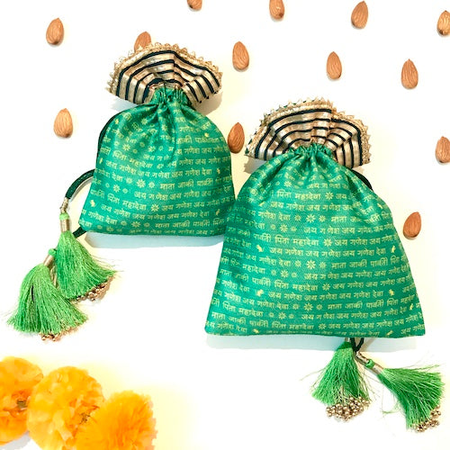 Ganpati Mantra colorful printed Potli bags set of 10 pieces, give away gift sets