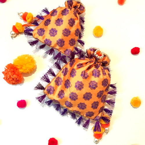 colorful floral with tassel printed Potli bags set of 10 pieces, give away gift potli bags