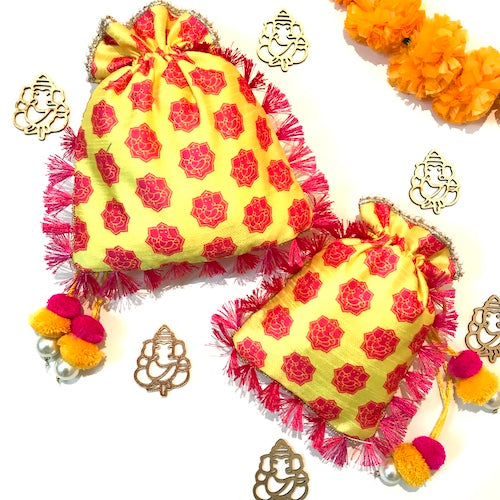 colorful floral with tassel printed Potli bags set of 10 pieces, give away gift potli bags