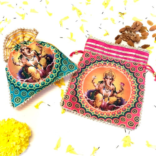 Ganesh colorful potli set of 10 pieces, give away gift potli bags for wedding/festival/diwali