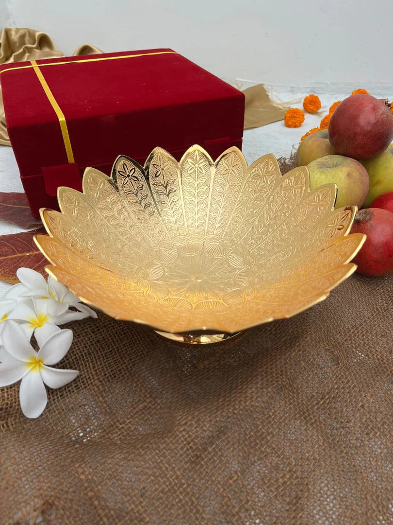 brass big size etched fruit/snacks bowl/urli with velvet box for gift item