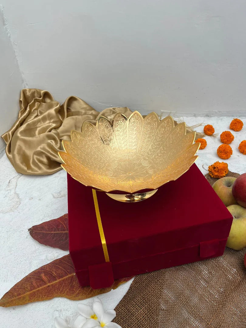 brass big size etched fruit/snacks bowl/urli with velvet box for gift item