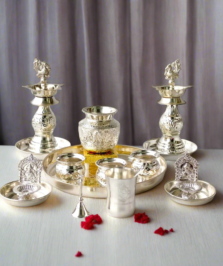 German silver pooja thali set for housewarming pooja thali set / diwali
