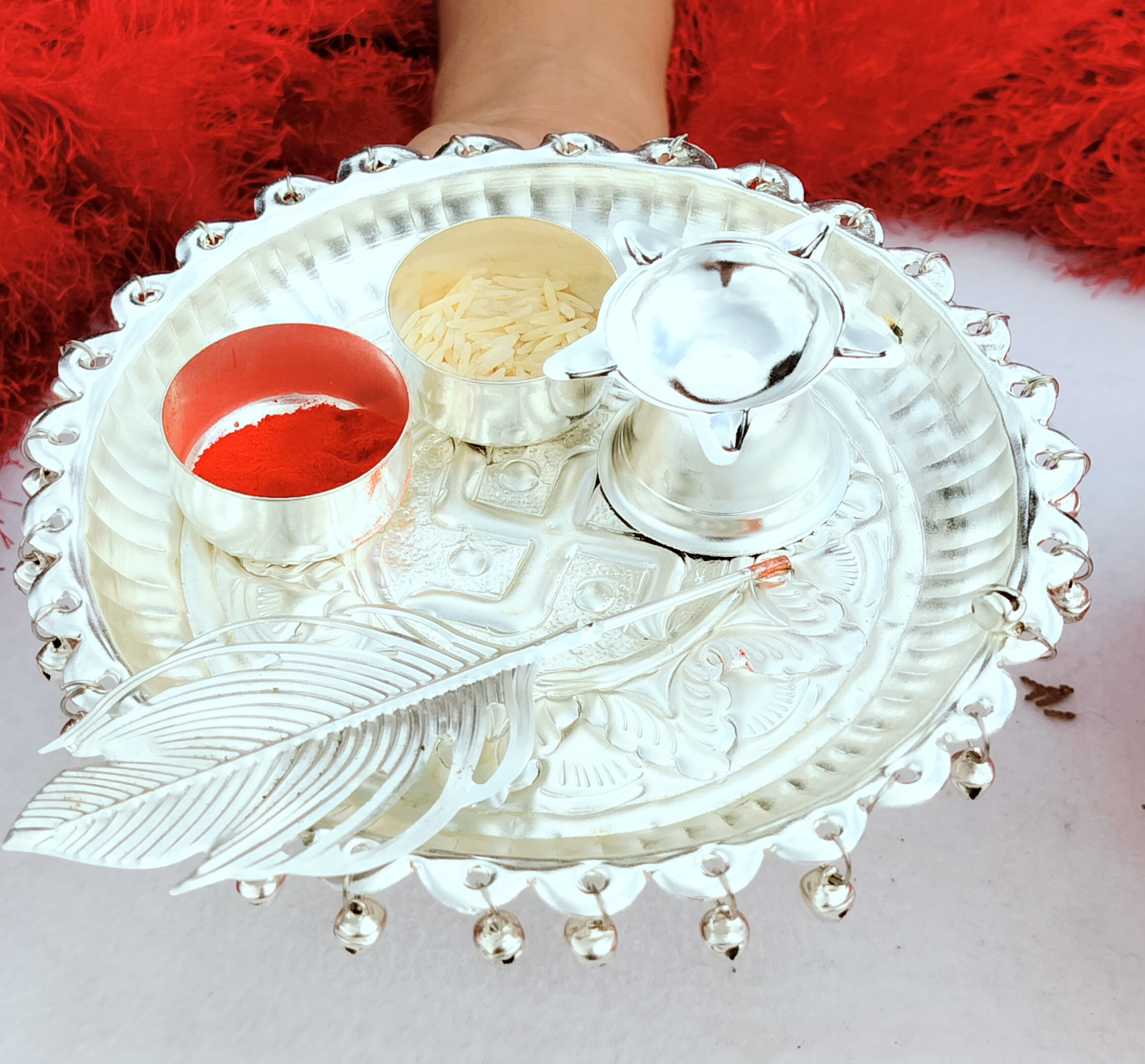 German silver small Ghungaru aarti thali set with tika stick for diwali