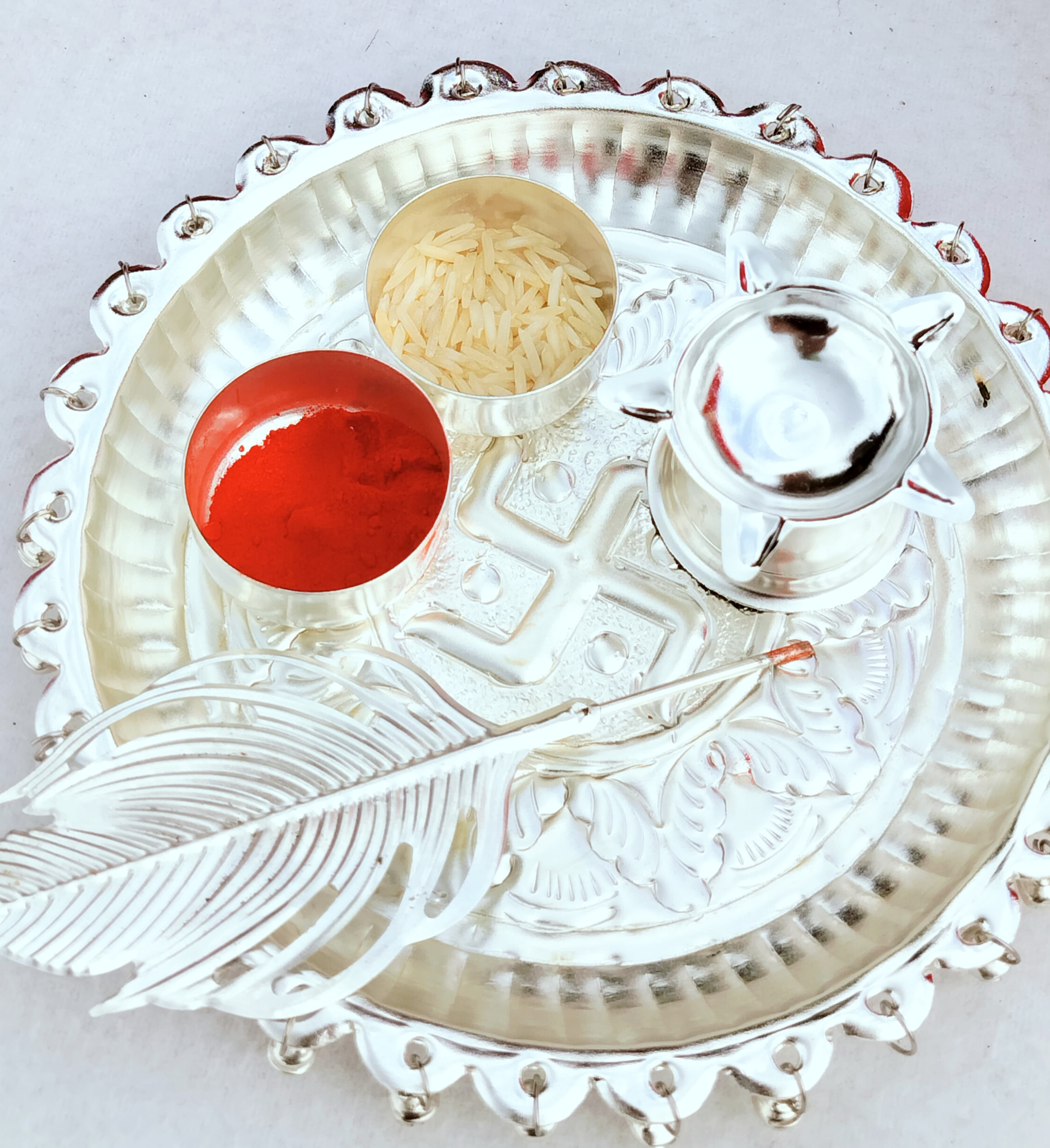 German silver small Ghungaru aarti thali set with tika stick for diwali