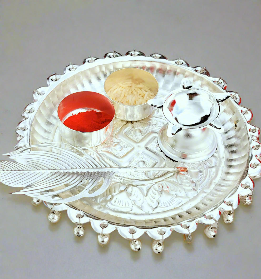 German silver small Ghungaru aarti thali set with tika stick for diwali