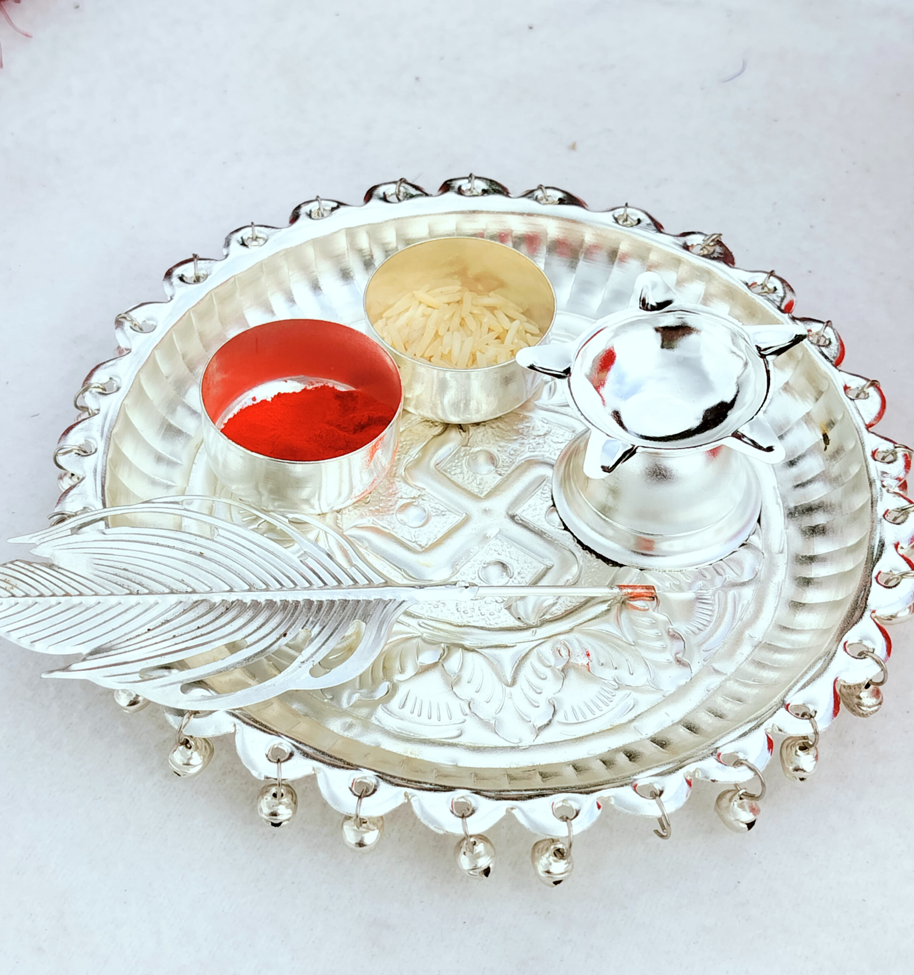German silver small Ghungaru aarti thali set with tika stick for diwali