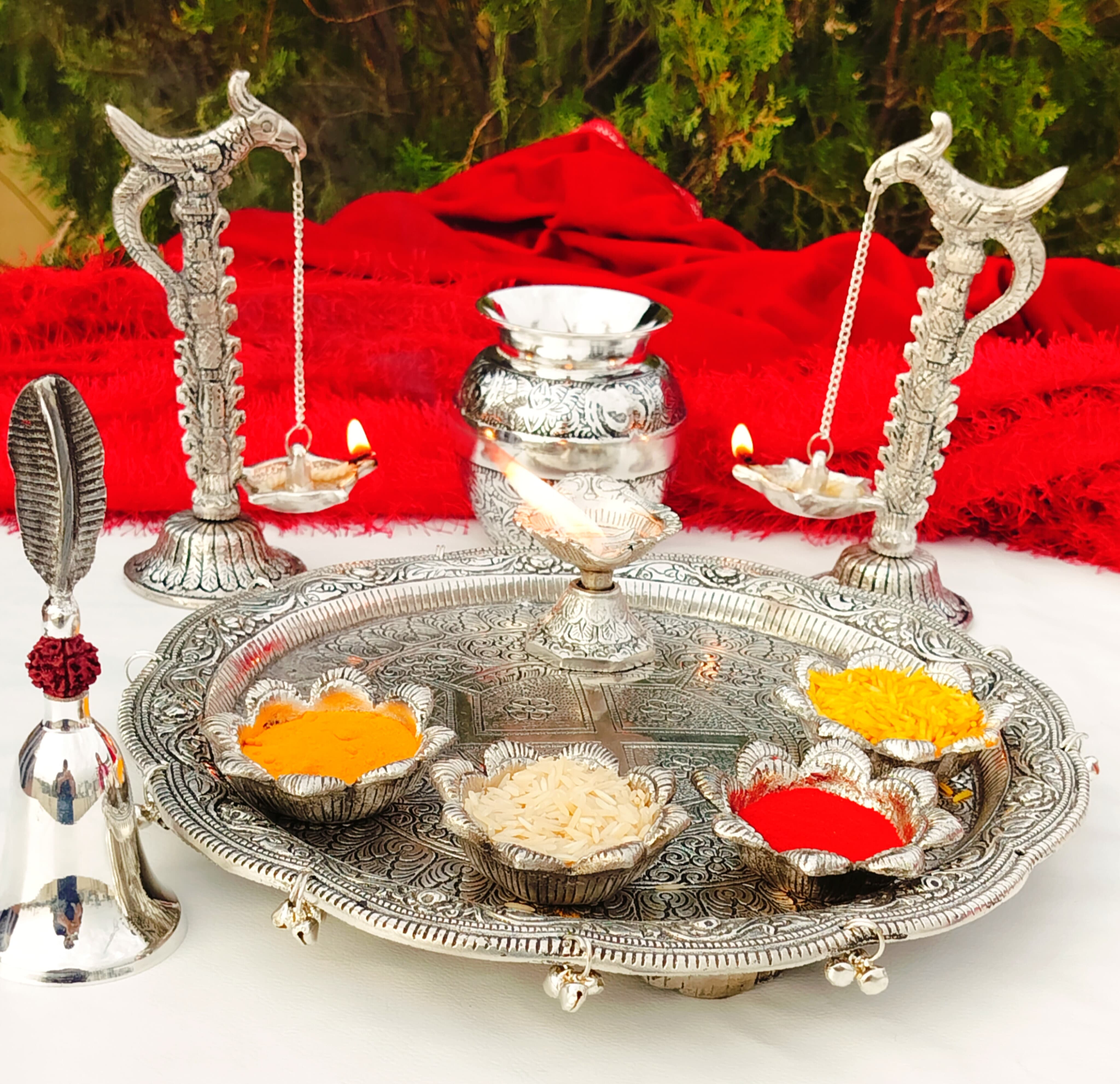 German silver Ghungaru Pooja thali set with peacock lamp pair