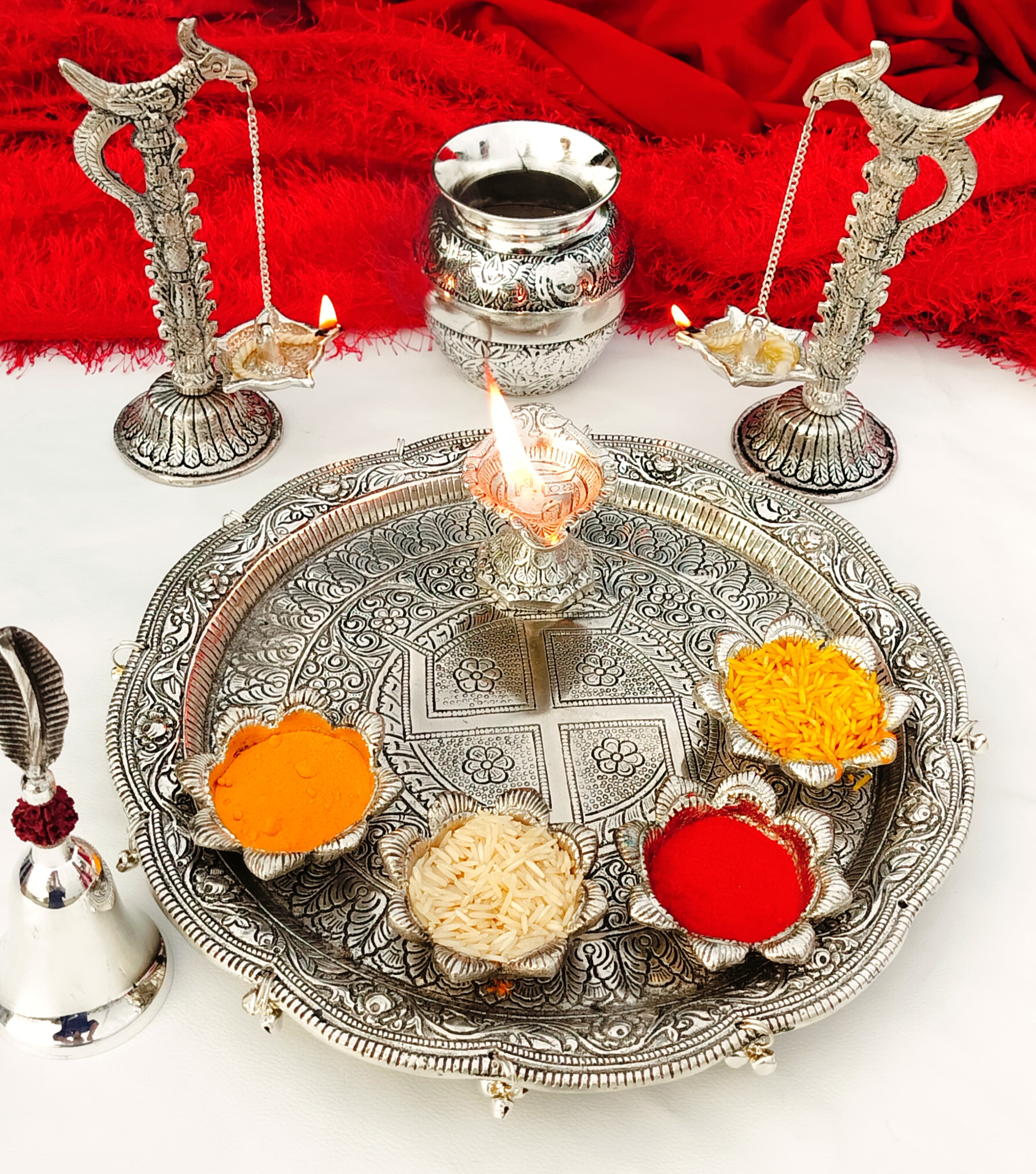 German silver Ghungaru Pooja thali set with peacock lamp pair