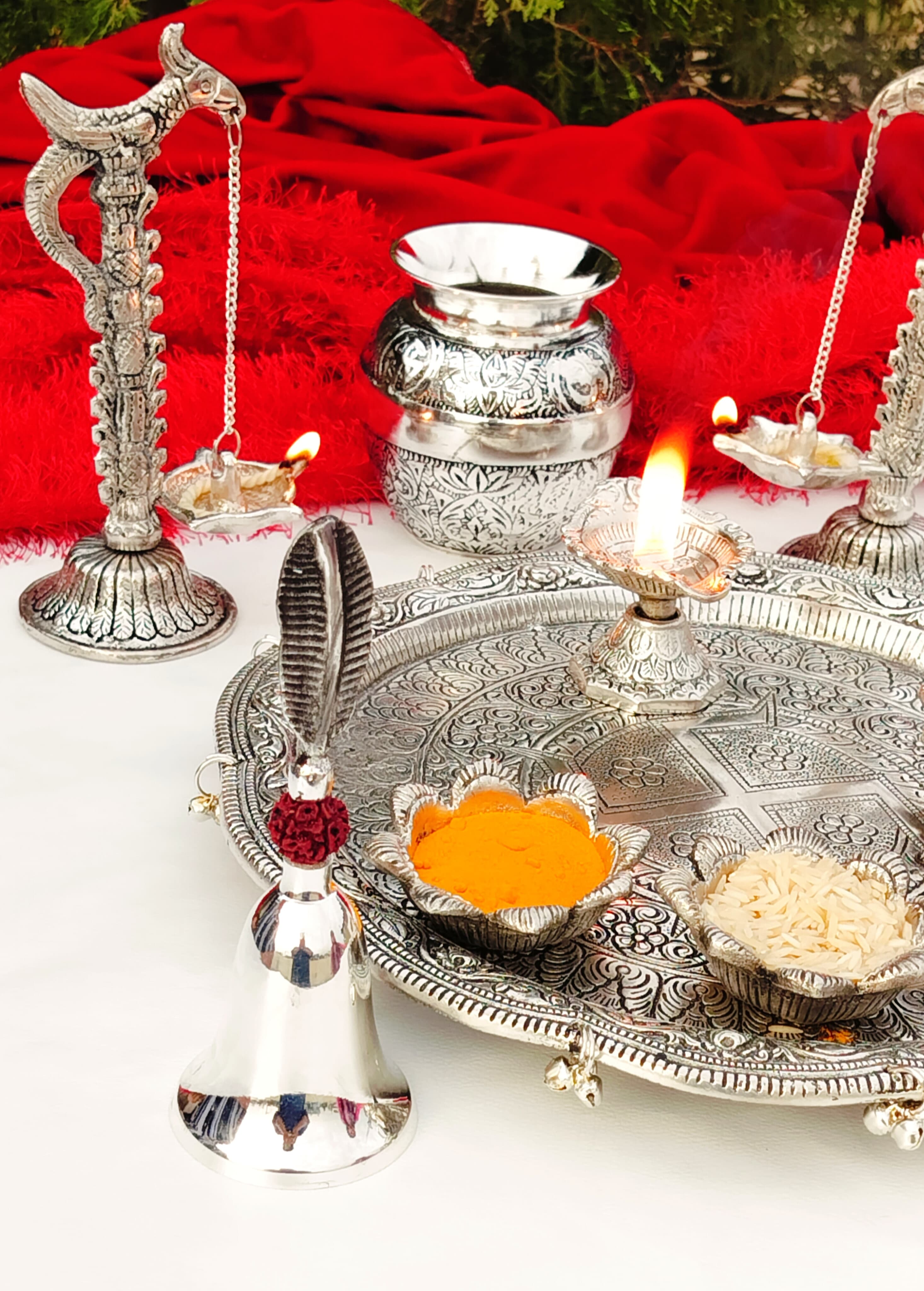 German silver Ghungaru Pooja thali set with peacock lamp pair