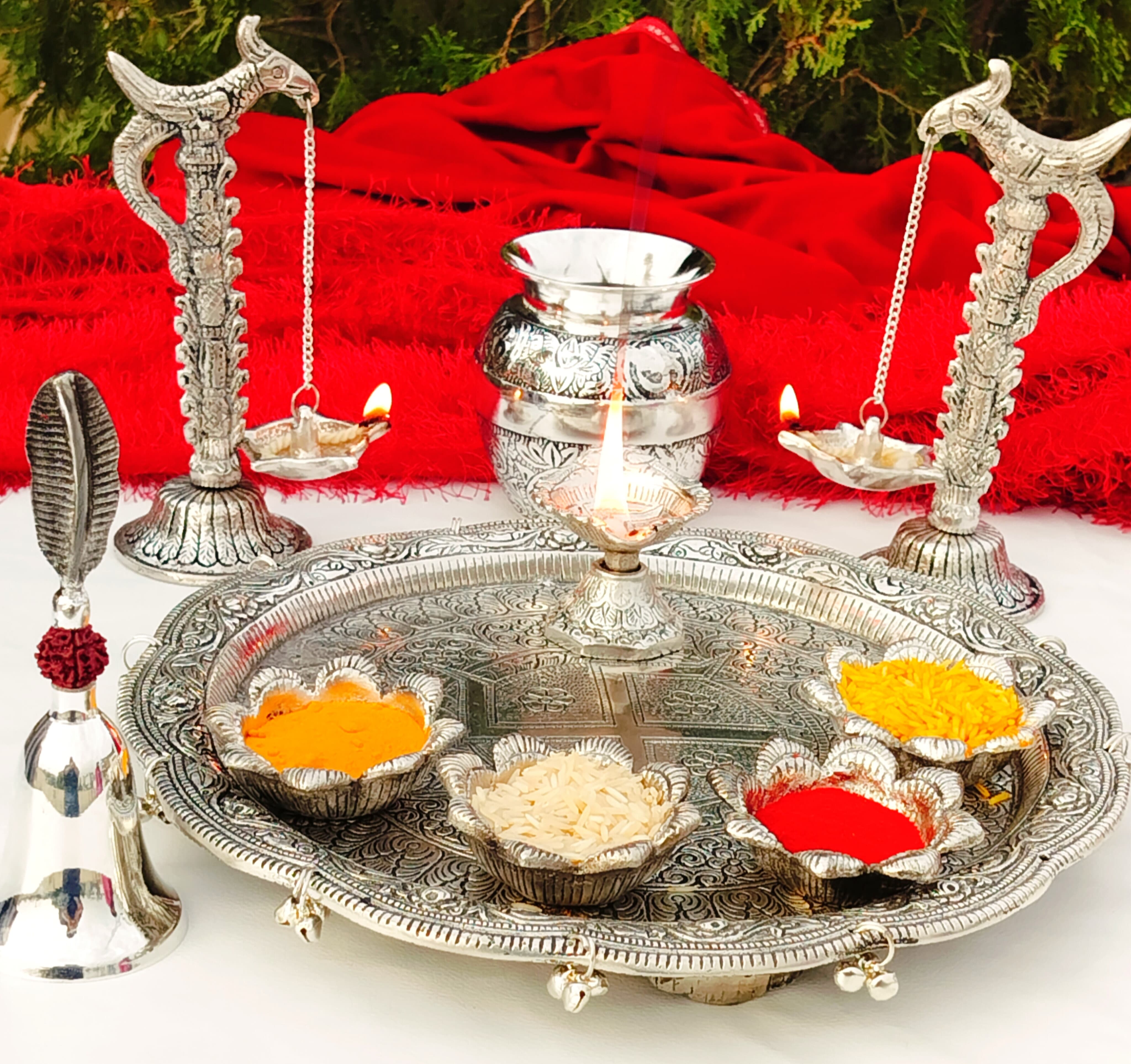 German silver Ghungaru Pooja thali set with peacock lamp pair