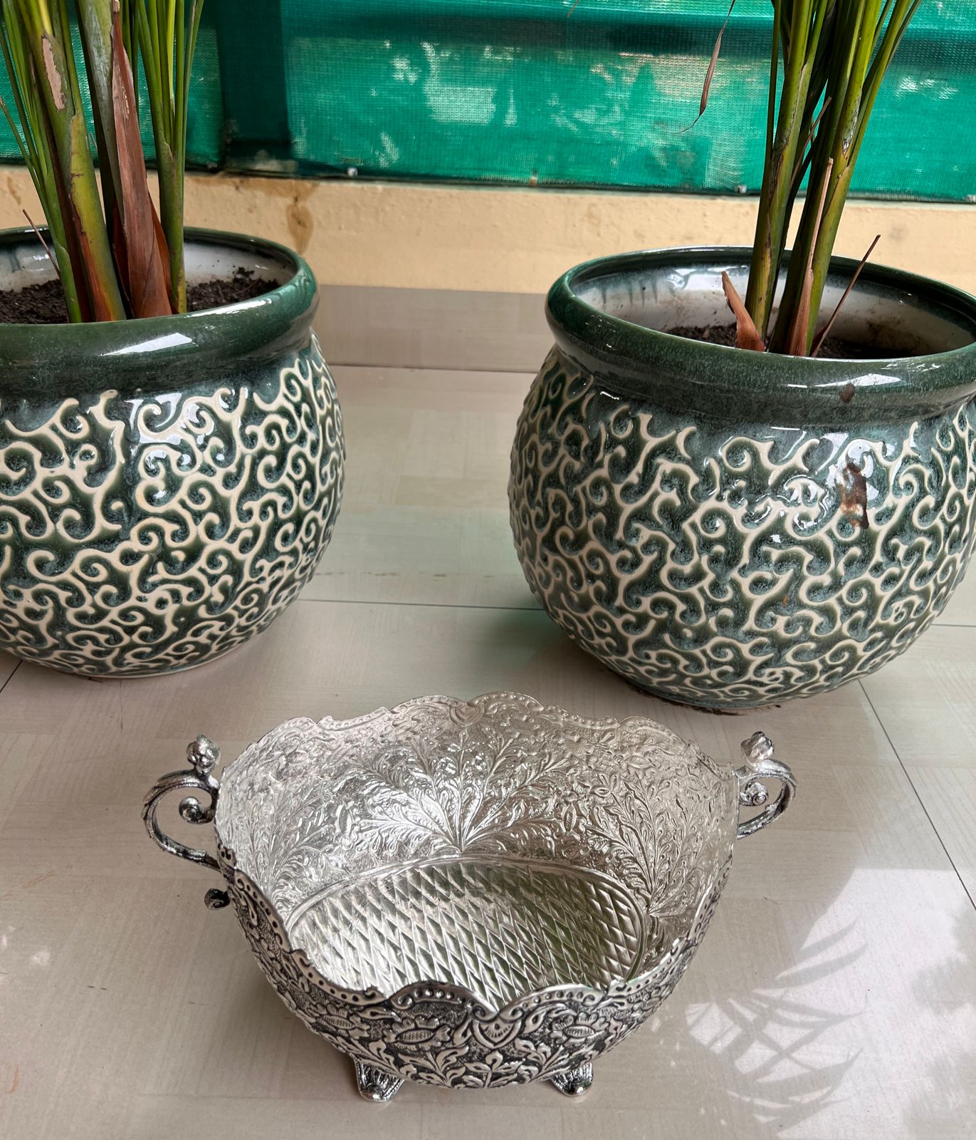 German silver fully carved basket urli