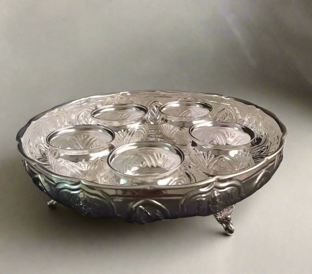 german silver lakshmi tray with bowl set for snacks / pooja/ gift item , set of 6 pieces