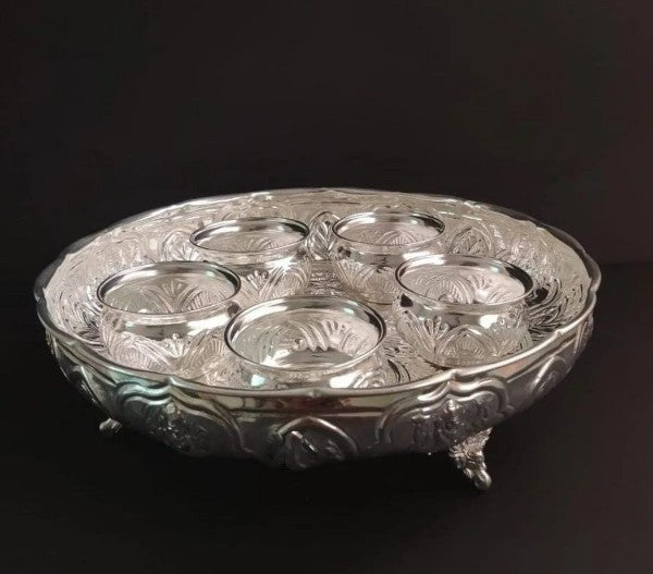 german silver lakshmi tray with bowl set for snacks / pooja/ gift item , set of 6 pieces
