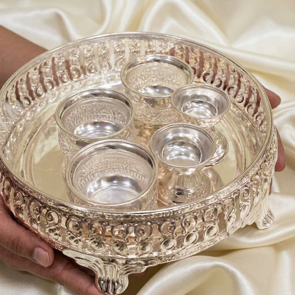 German silver set of 6 pieces pooja thali set for housewarming/ Diwali