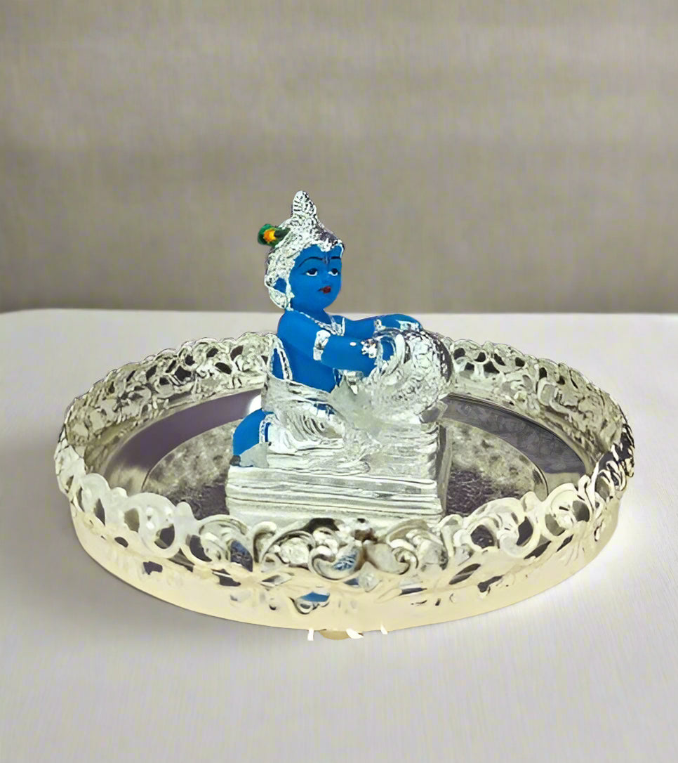 German silver tray with blue Krishan idol set