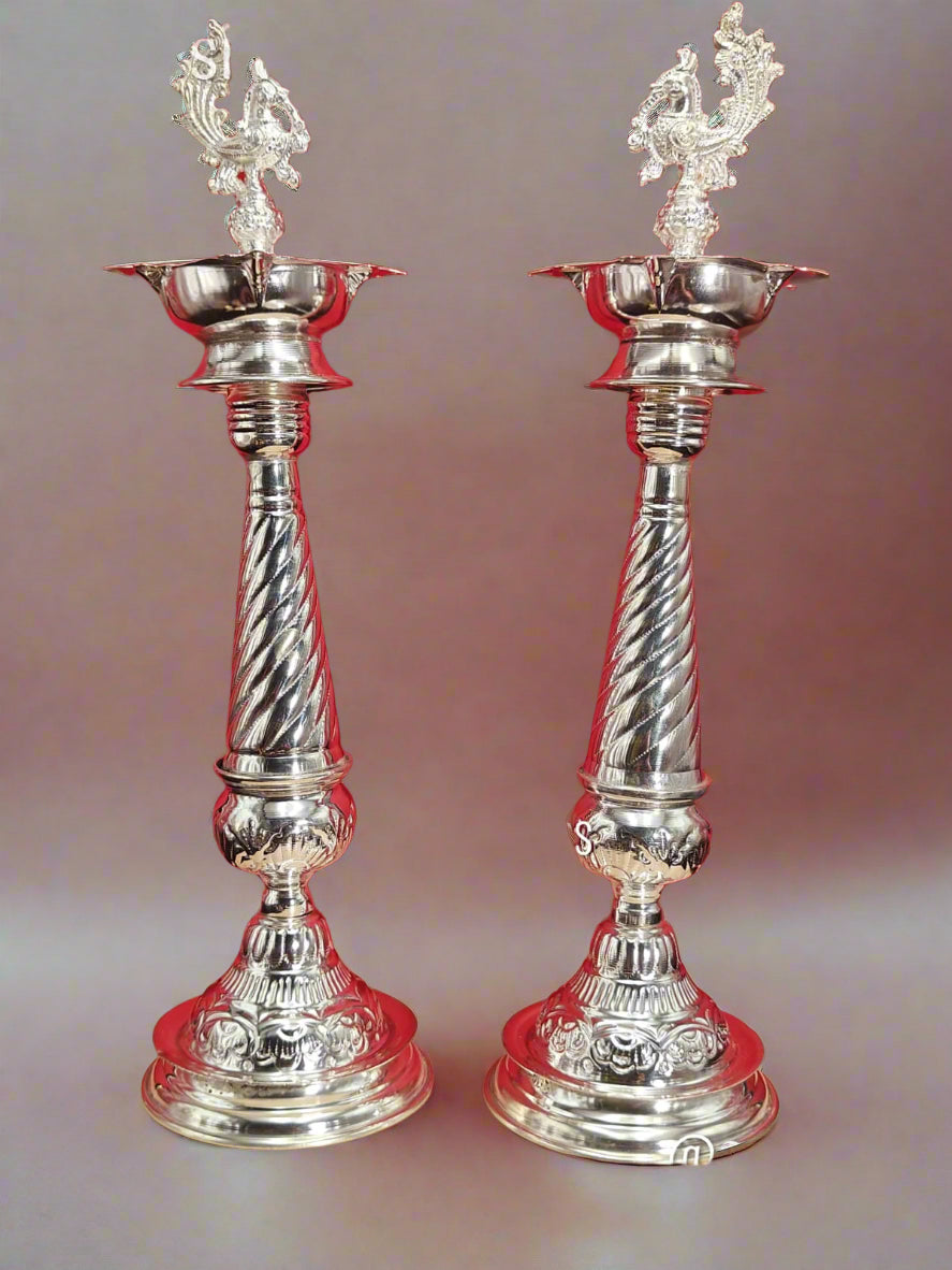 German silver 16" peacock Diya set for housewarming pooja/ Diwali/ gift item