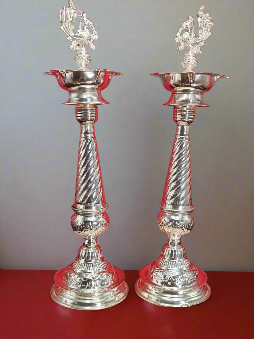 German silver 16" peacock Diya set for housewarming pooja/ Diwali/ gift item
