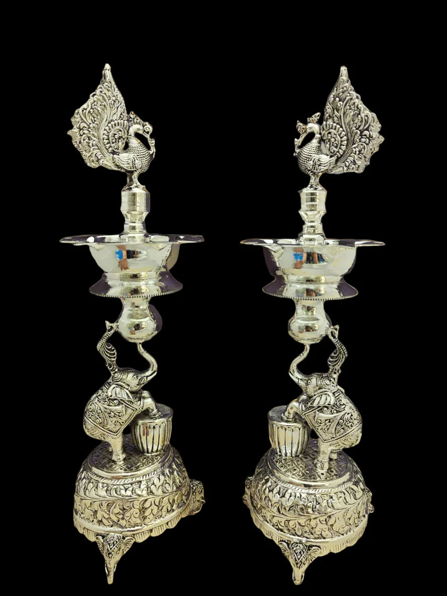 German silver elephant with peacock antique finish Diya set with tray