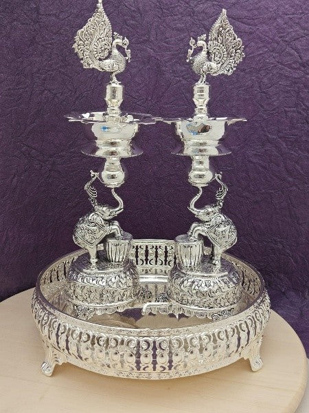 German silver elephant with peacock antique finish Diya set with tray