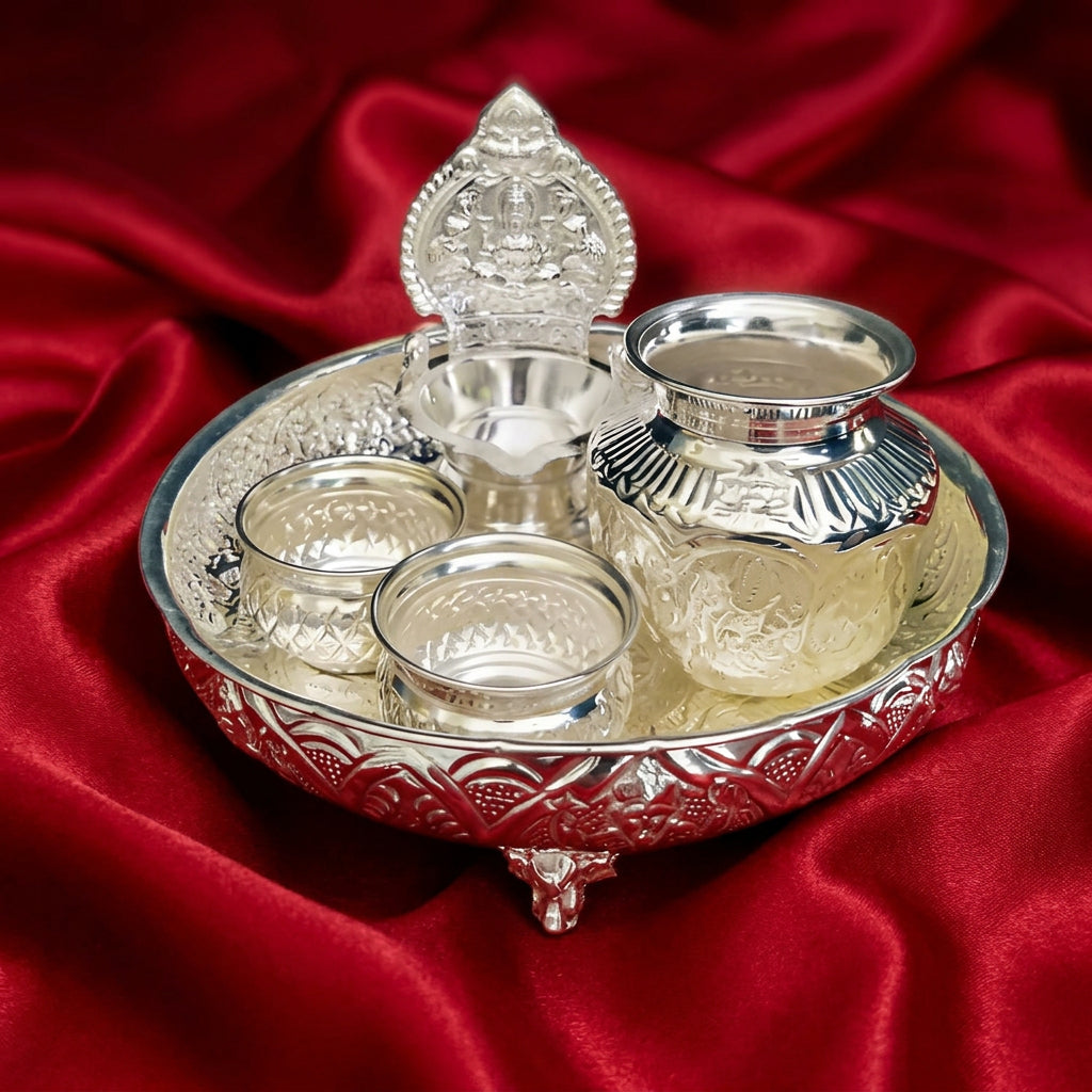 German silver pooja thali set of 5 pieces