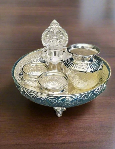 German silver pooja thali set of 5 pieces