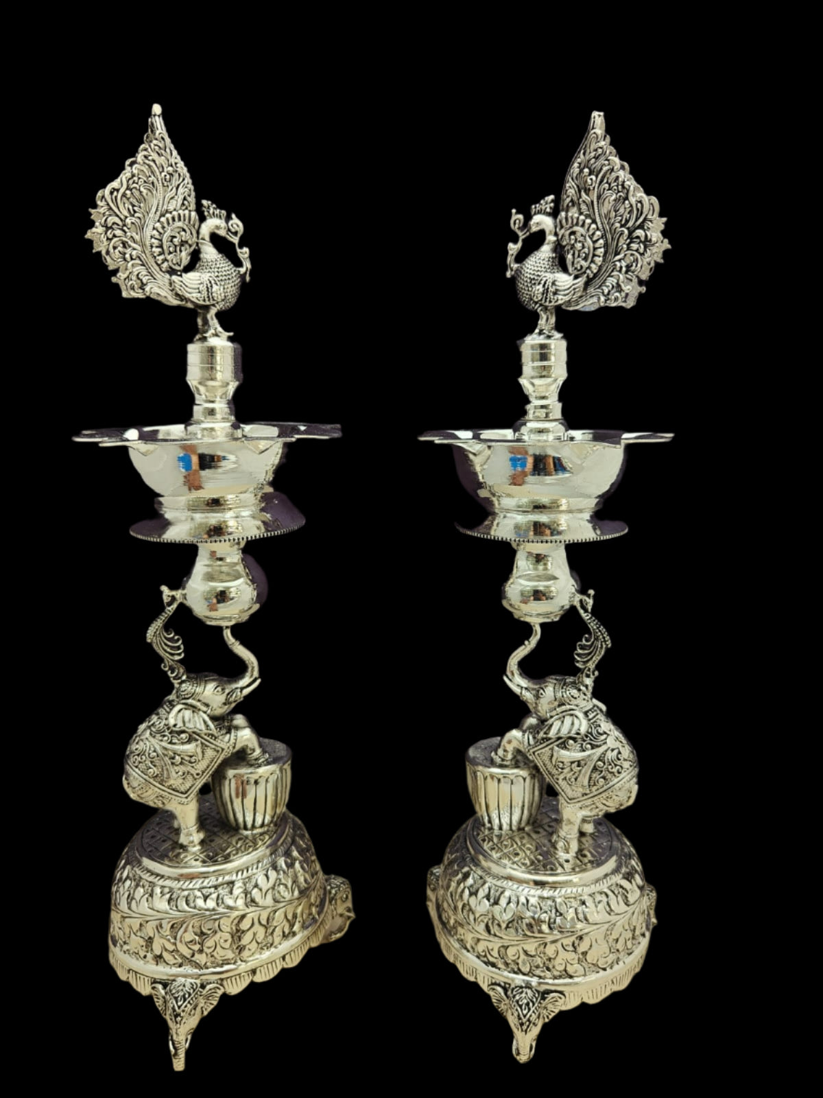 German silver antique finish elephant Diya set 12"