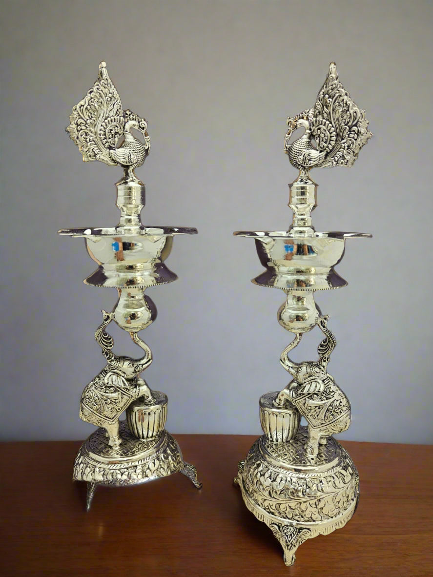 German silver antique finish elephant Diya set 12"