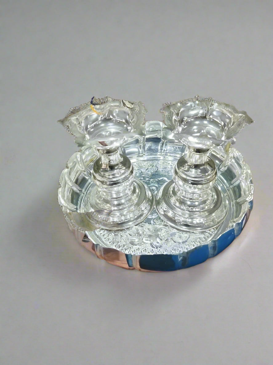 German silver Diya set with flower tray for Diwali/ housewarming/ gift item