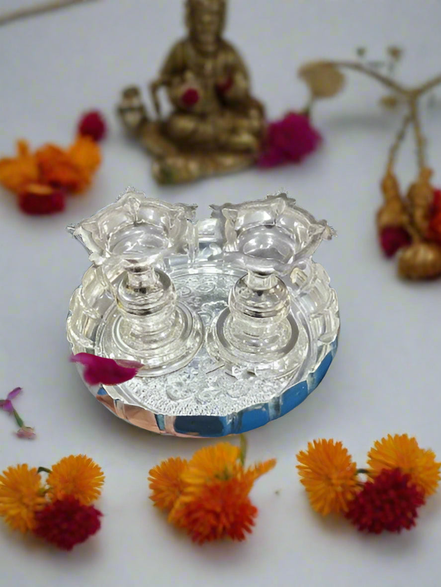 German silver Diya set with flower tray for Diwali/ housewarming/ gift item