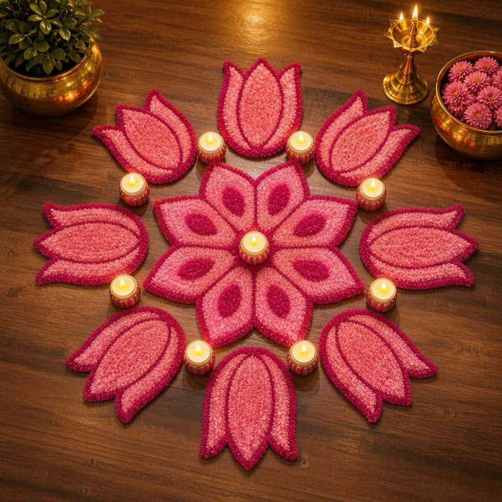 Lotus Bloom Rangoli Mat Set – Soft Feather Yarn Cutwork Design for Elegant Home & Festival Décor, pink