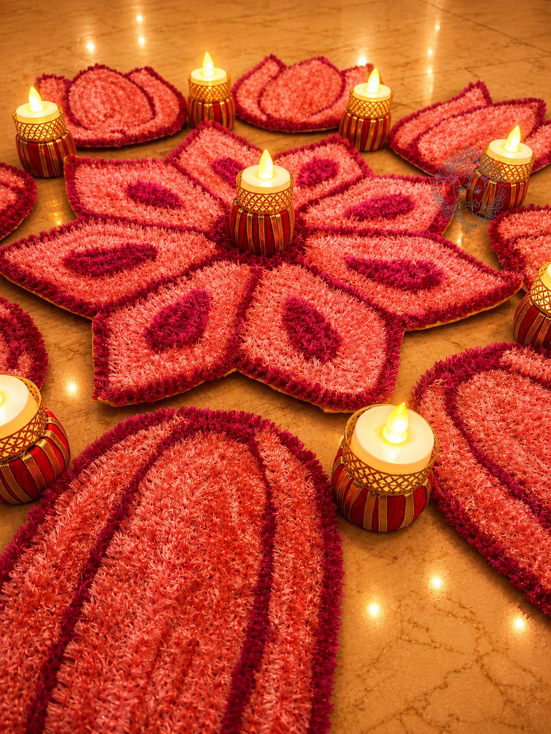 Lotus Bloom Rangoli Mat Set – Soft Feather Yarn Cutwork Design for Elegant Home & Festival Décor, pink