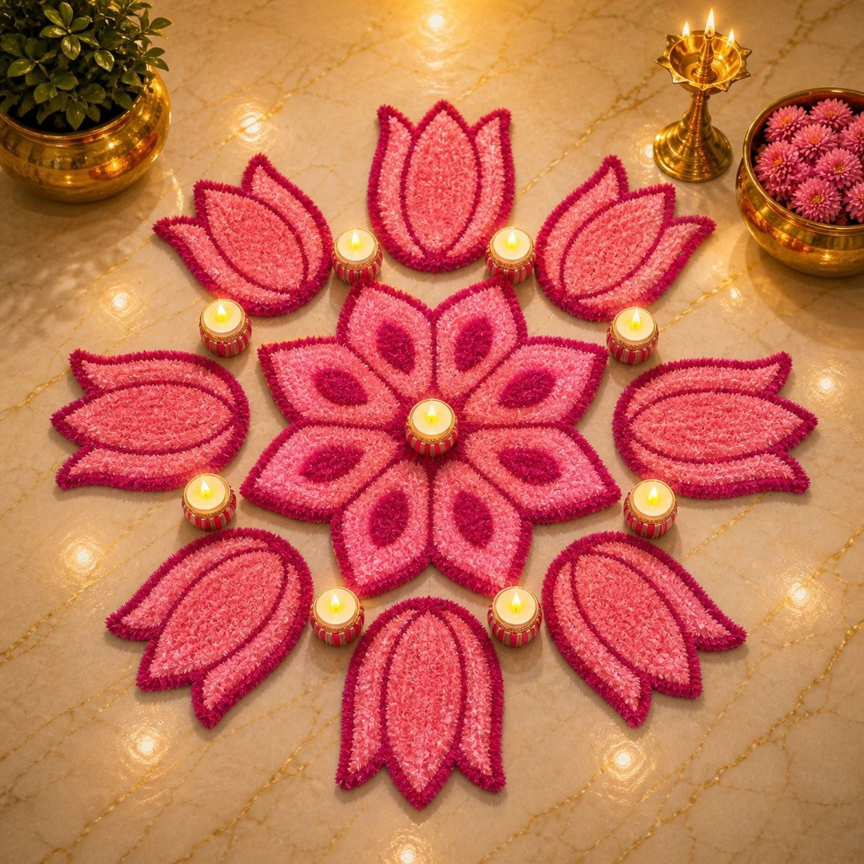 Lotus Bloom Rangoli Mat Set – Soft Feather Yarn Cutwork Design for Elegant Home & Festival Décor, pink