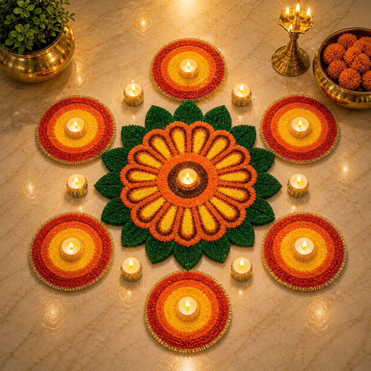 Festive Round Colorful Rangoli Mat with tea lights  – Vibrant Cutwork Design for Home & Festival Décor
